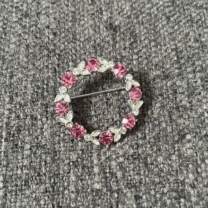 Vintage Rhinestone Wreath Shaped Brooch | Pink and Silver Tone Rhinestone Brooch